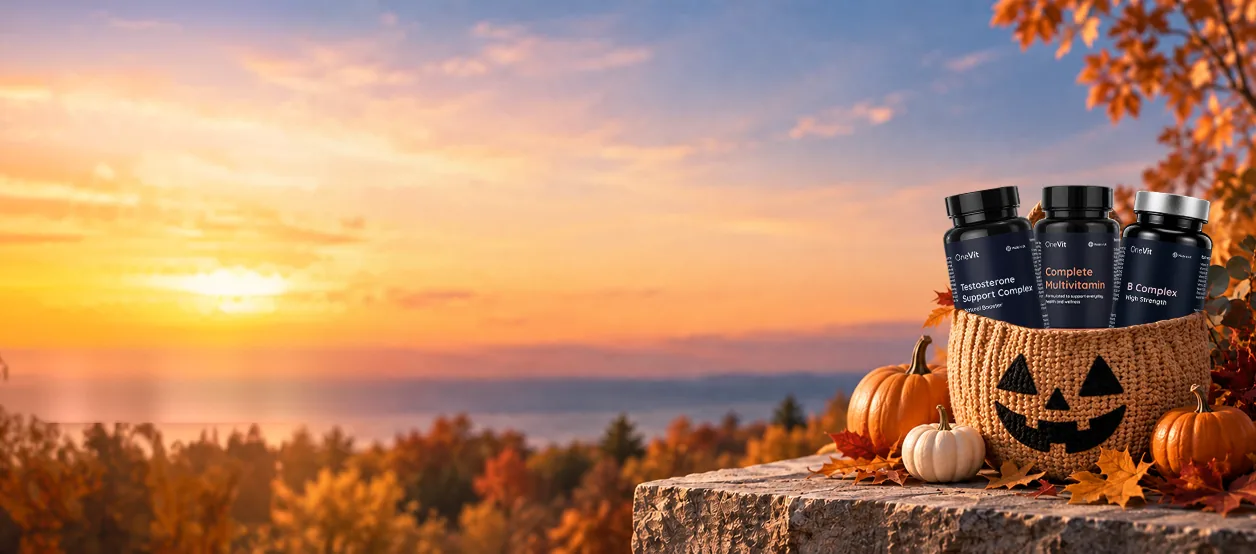 OneVit Testosterone Support Complex, Complete Multivitamin and B Complex in a knitted jack-o'-lantern basket on a stone ledge at sunset